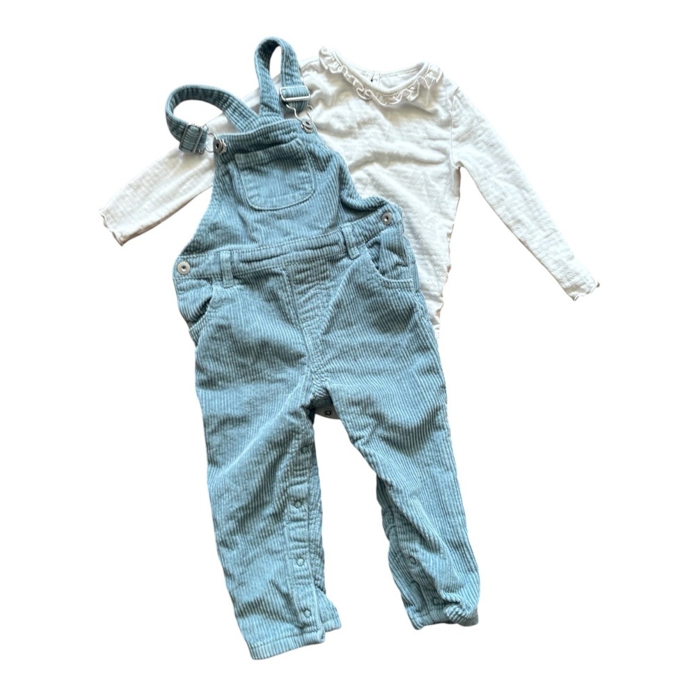 Primark Sage Green Corduroy Overalls & Garanimals Pointelle Bodysuit Set 18M